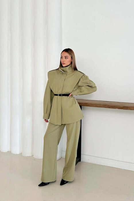 ONE COLOR BELT DETAIL HIDDEN BUTTON UP JACKET+ TROUSERS WOMEN SET OLIVE/ULLI - 3
