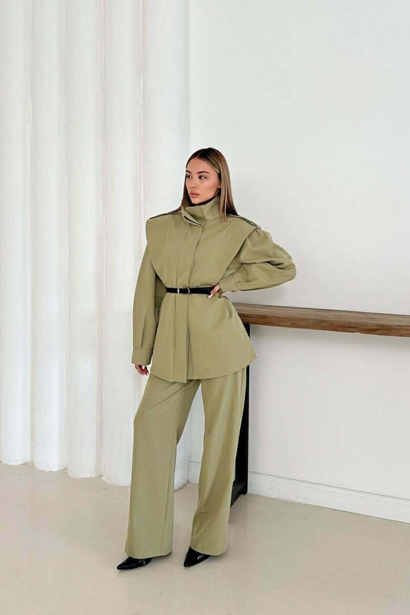 ONE COLOR BELT DETAIL HIDDEN BUTTON UP JACKET+ TROUSERS WOMEN SET OLIVE/ULLI - 3