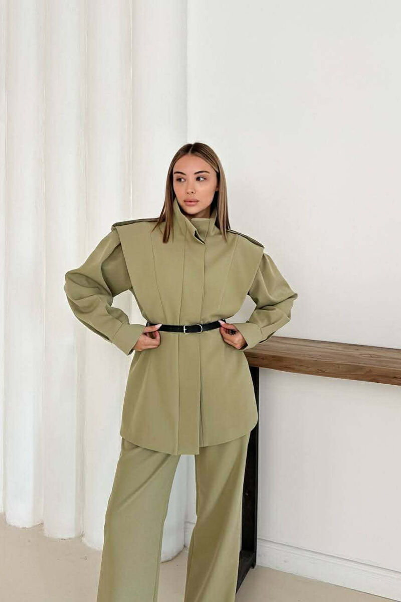 ONE COLOR BELT DETAIL HIDDEN BUTTON UP JACKET+ TROUSERS WOMEN SET OLIVE/ULLI - 4