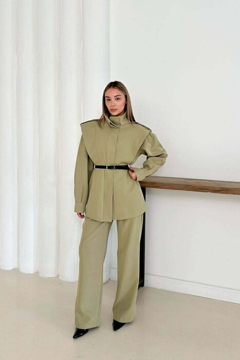 ONE COLOR BELT DETAIL HIDDEN BUTTON UP JACKET+ TROUSERS WOMEN SET OLIVE/ULLI - 7