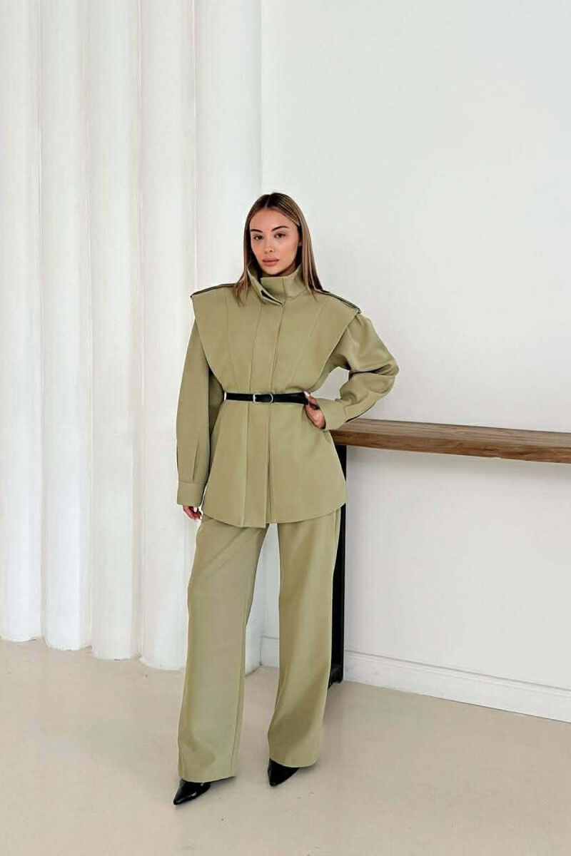 ONE COLOR BELT DETAIL HIDDEN BUTTON UP JACKET+ TROUSERS WOMEN SET OLIVE/ULLI - 7