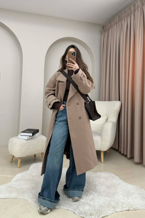 ONE COLOR BELT DETAIL LONG WOMEN TRENCH COAT BEIGE/BEZHE - 2