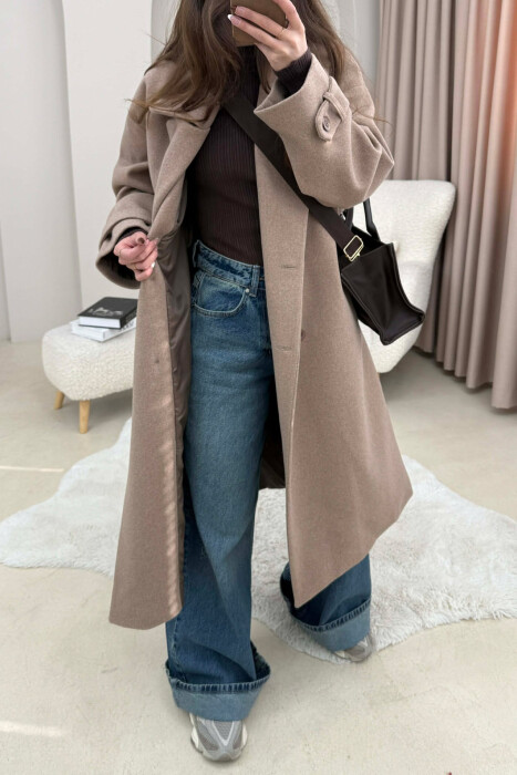 ONE COLOR BELT DETAIL LONG WOMEN TRENCH COAT BEIGE/BEZHE - 1