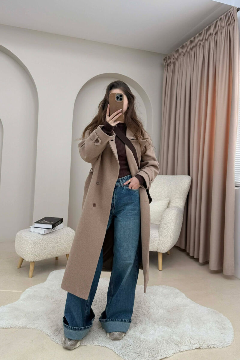 ONE COLOR BELT DETAIL LONG WOMEN TRENCH COAT BEIGE/BEZHE - 3