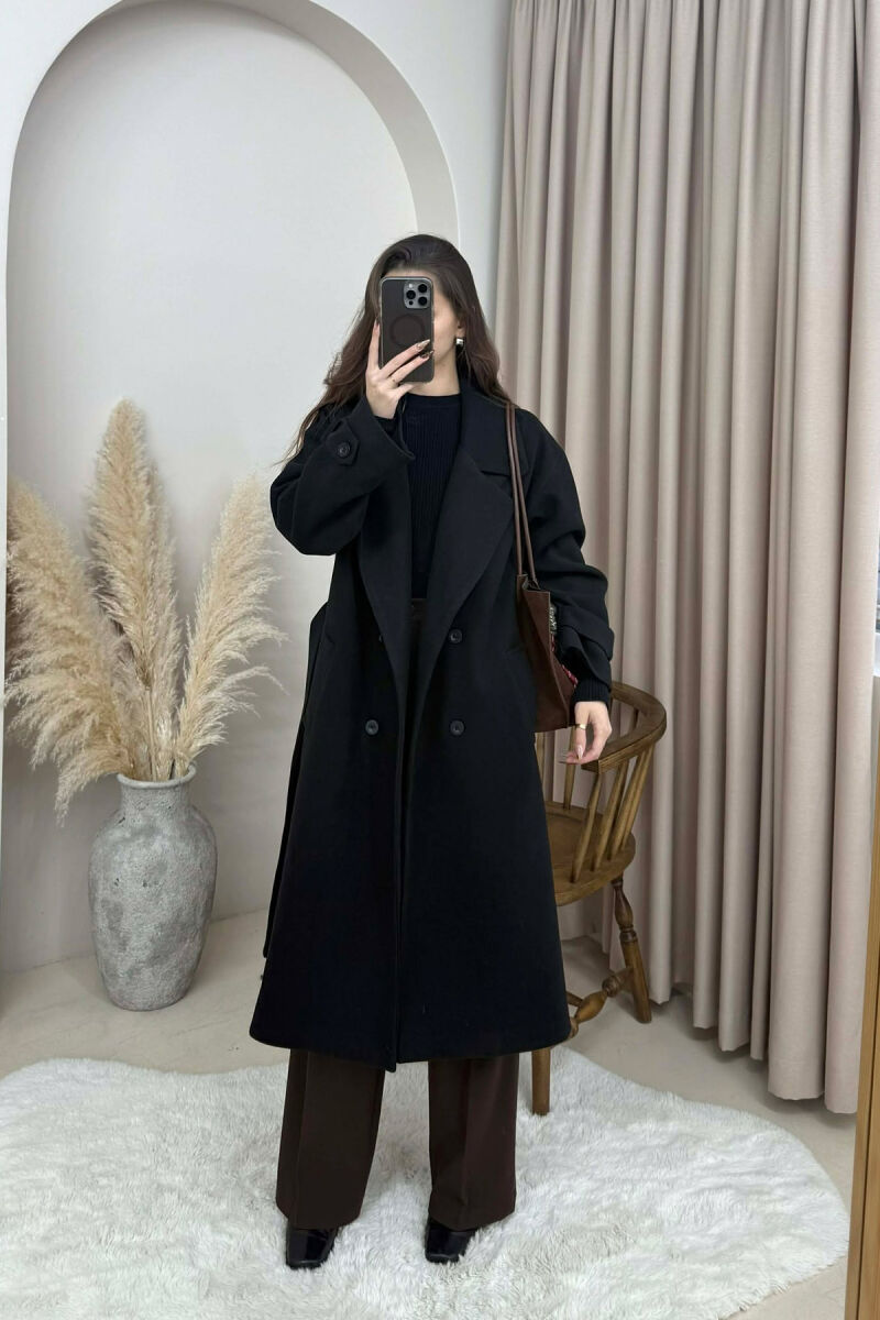ONE COLOR BELT DETAIL LONG WOMEN TRENCH COAT BLACK/ E ZEZE - 2