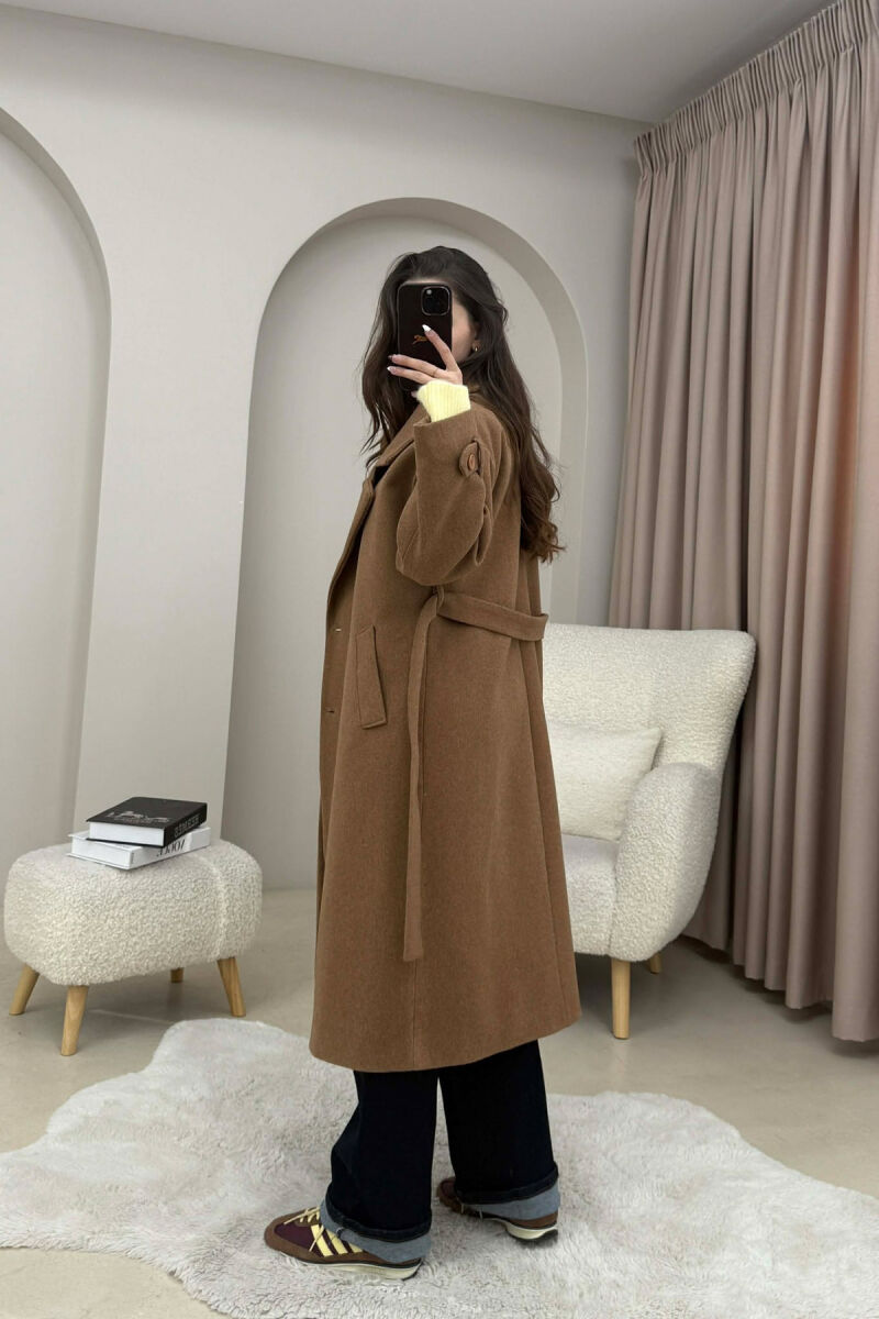 ONE COLOR BELT DETAIL LONG WOMEN TRENCH COAT BROWN/KAFE - 4