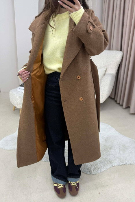 ONE COLOR BELT DETAIL LONG WOMEN TRENCH COAT BROWN/KAFE - 1