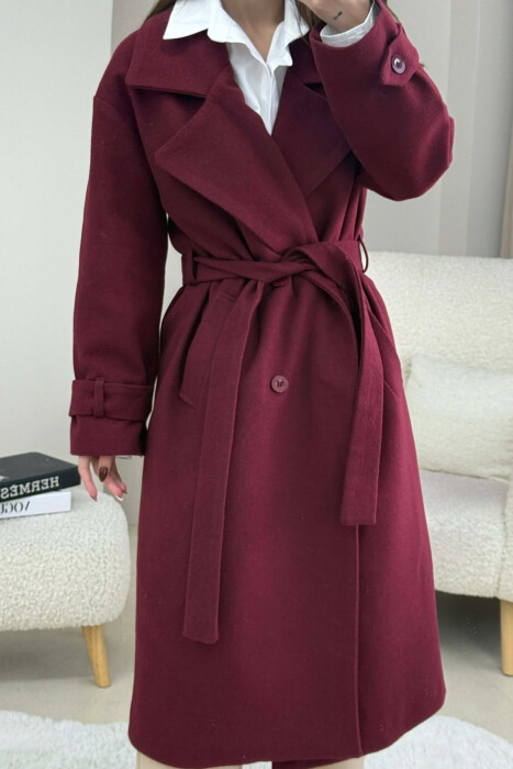 ONE COLOR BELT DETAIL LONG WOMEN TRENCH COAT BURGUNDY/VISHNJE - 1