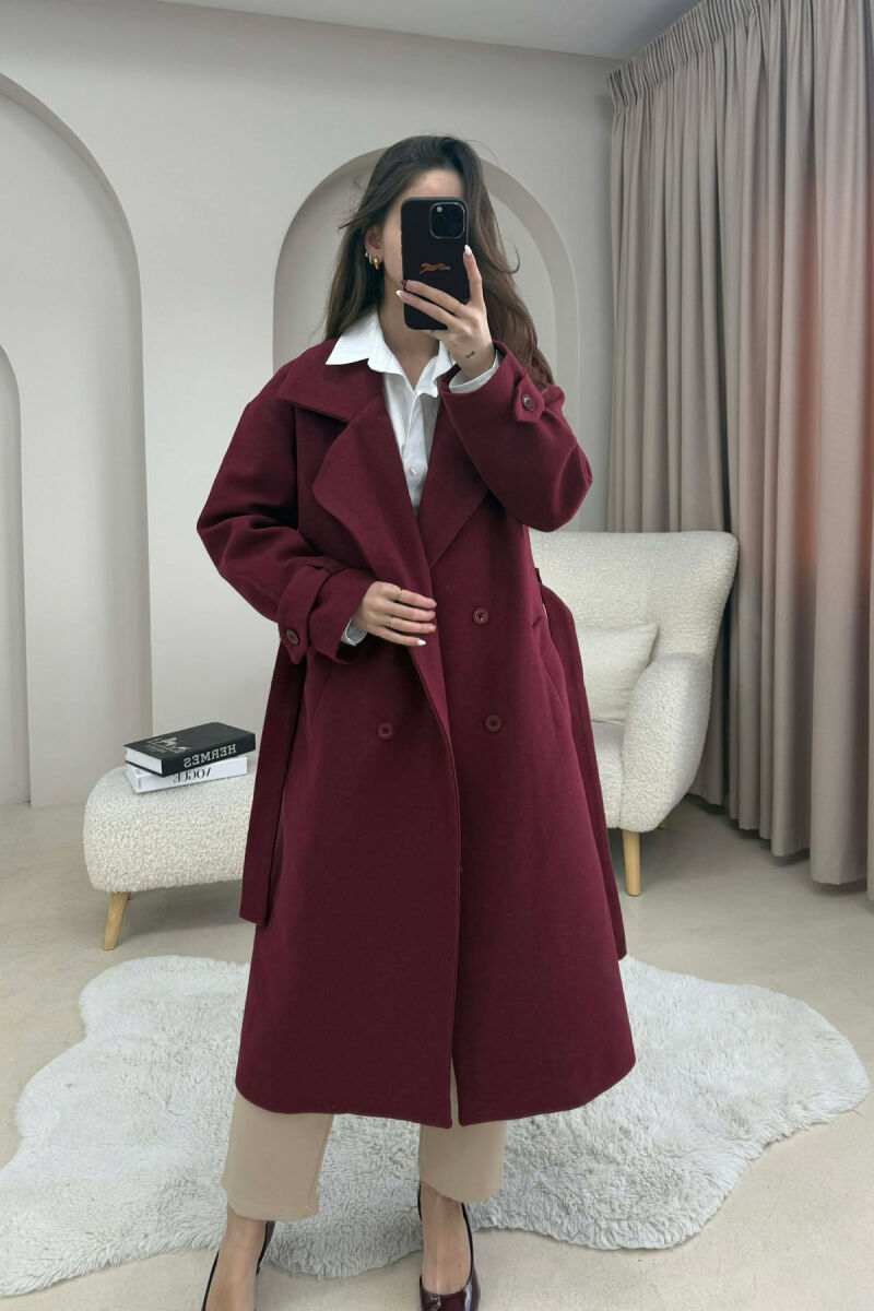 ONE COLOR BELT DETAIL LONG WOMEN TRENCH COAT BURGUNDY/VISHNJE - 3