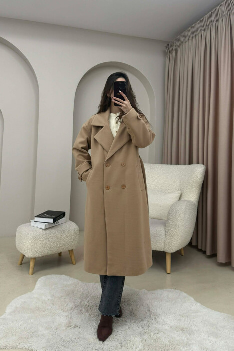 ONE COLOR BELT DETAIL LONG WOMEN TRENCH COAT DARK BEIGE/BEZHE ERRET - 2