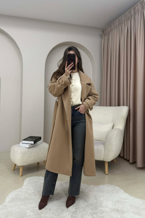 ONE COLOR BELT DETAIL LONG WOMEN TRENCH COAT DARK BEIGE/BEZHE ERRET - 4