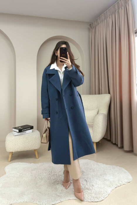 ONE COLOR BELT DETAIL LONG WOMEN TRENCH COAT DARK BLUE/BEE - 2