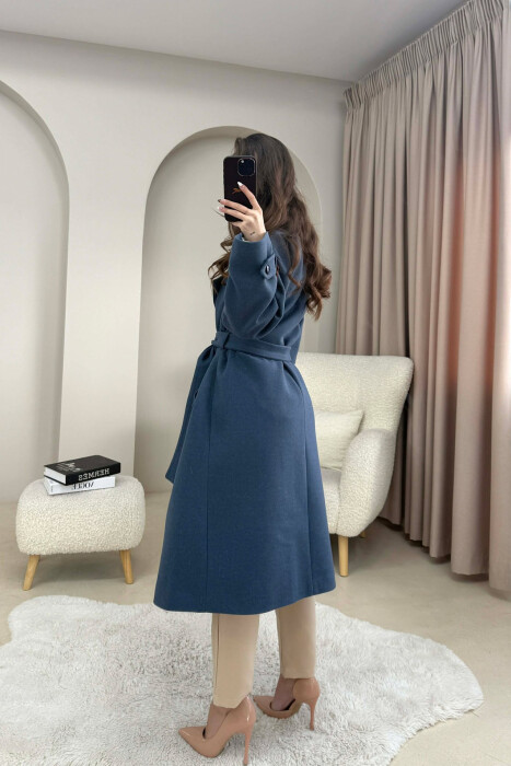 ONE COLOR BELT DETAIL LONG WOMEN TRENCH COAT DARK BLUE/BEE - 4