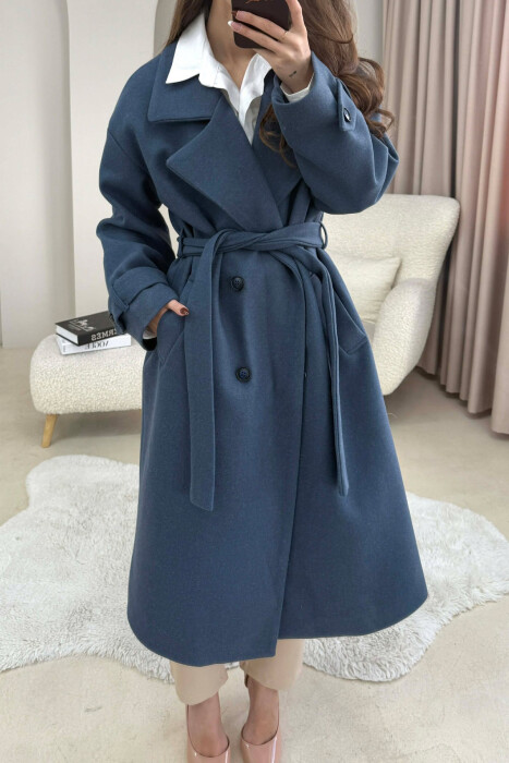 ONE COLOR BELT DETAIL LONG WOMEN TRENCH COAT DARK BLUE/BEE - 1