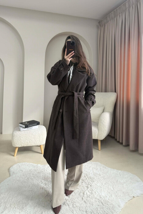 ONE COLOR BELT DETAIL LONG WOMEN TRENCH COAT DARK BROWN/KAE - 2