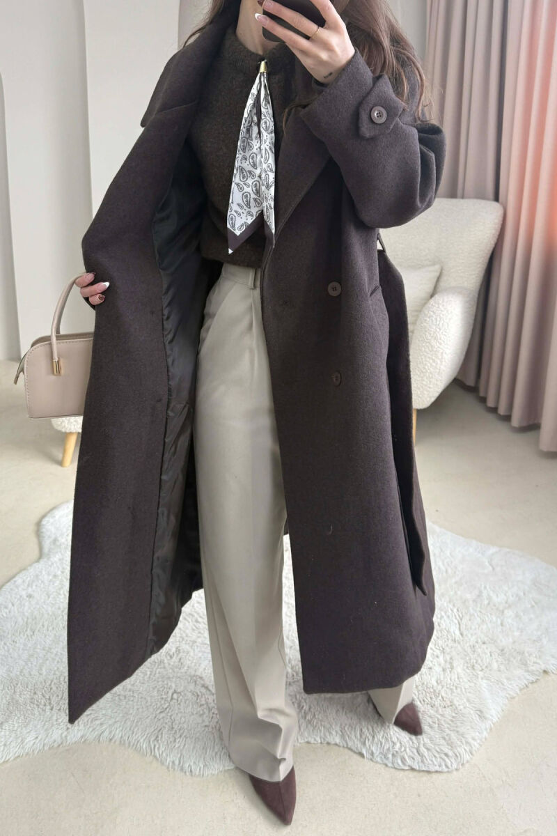 ONE COLOR BELT DETAIL LONG WOMEN TRENCH COAT DARK BROWN/KAE - 3