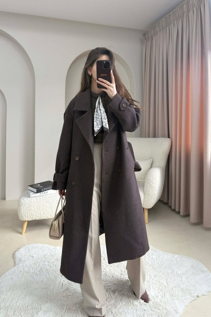 ONE COLOR BELT DETAIL LONG WOMEN TRENCH COAT DARK BROWN/KAE - 4