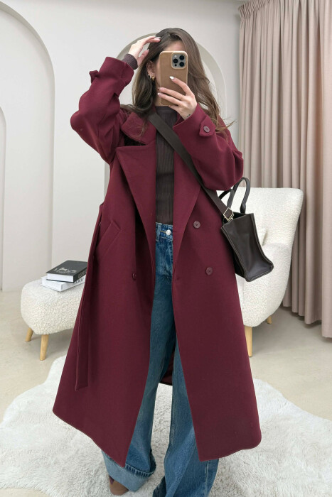 ONE COLOR BELT DETAIL LONG WOMEN TRENCH COAT DARK BURGUNDY/VISHNJE E ERRET 