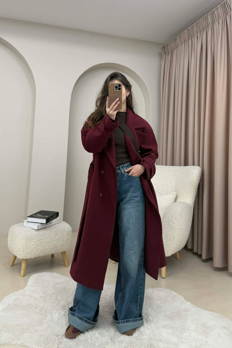 ONE COLOR BELT DETAIL LONG WOMEN TRENCH COAT DARK BURGUNDY/VISHNJE E ERRET - 3