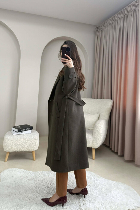 ONE COLOR BELT DETAIL LONG WOMEN TRENCH COAT DARK GREEN/JEE - 4