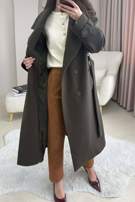 ONE COLOR BELT DETAIL LONG WOMEN TRENCH COAT DARK GREEN/JEE - 3