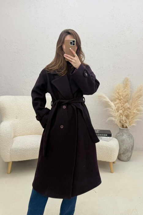 ONE COLOR BELT DETAIL LONG WOMEN TRENCH COAT DARK PURPLE/LEJLA ERRET - 1