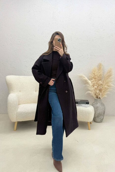 ONE COLOR BELT DETAIL LONG WOMEN TRENCH COAT DARK PURPLE/LEJLA ERRET - 2