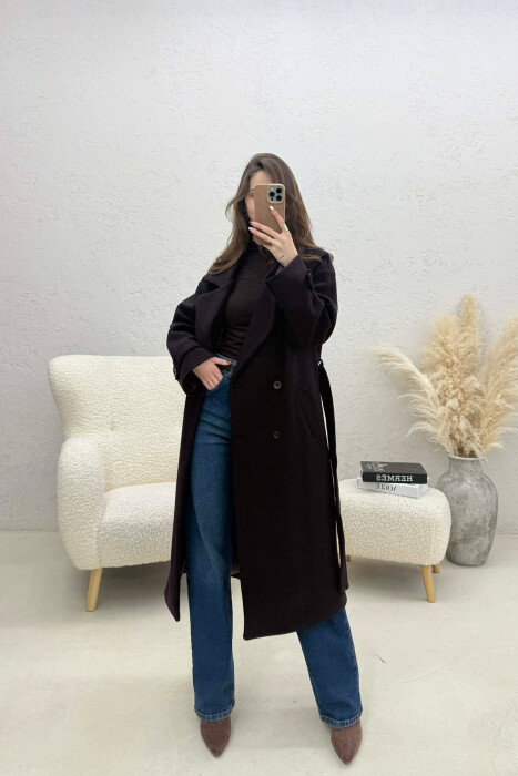 ONE COLOR BELT DETAIL LONG WOMEN TRENCH COAT DARK PURPLE/LEJLA ERRET - 3