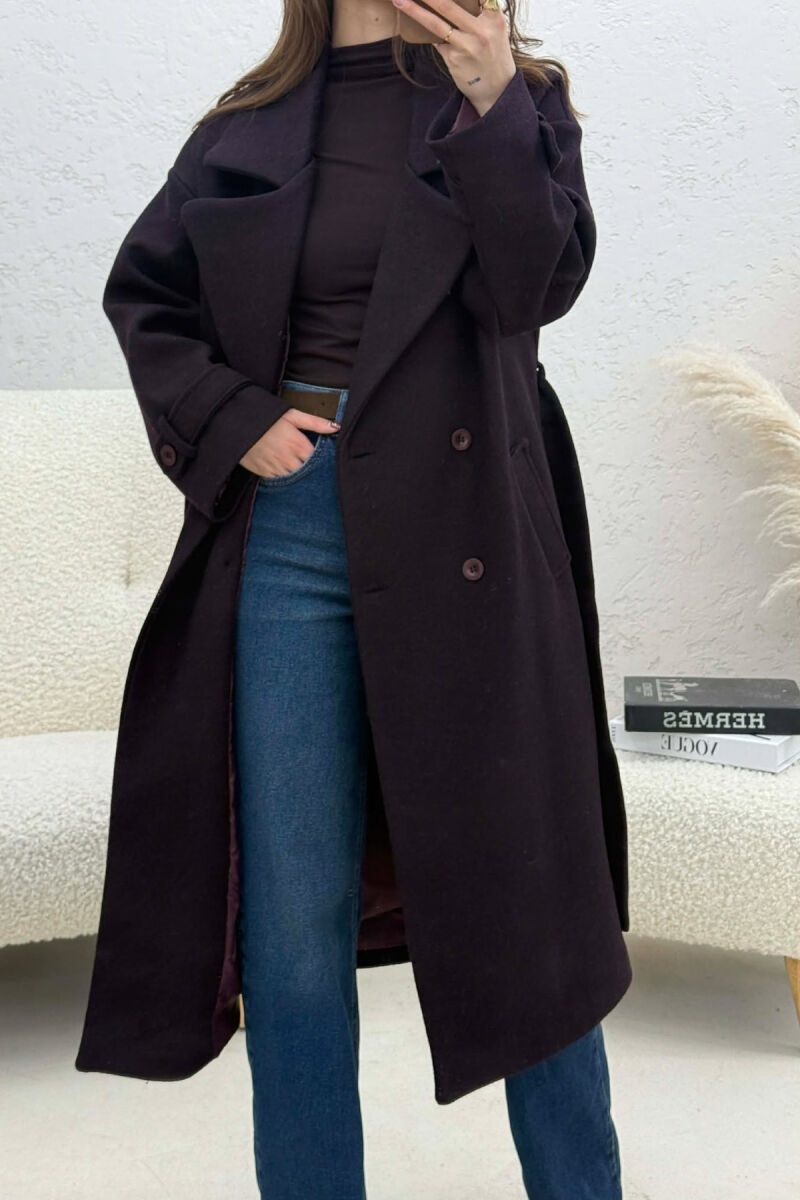 ONE COLOR BELT DETAIL LONG WOMEN TRENCH COAT DARK PURPLE/LEJLA ERRET - 4