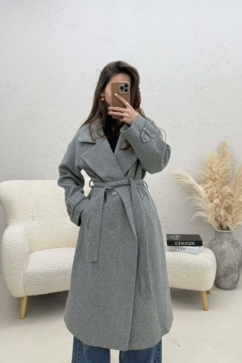 ONE COLOR BELT DETAIL LONG WOMEN TRENCH COAT GREY/GRI - 1