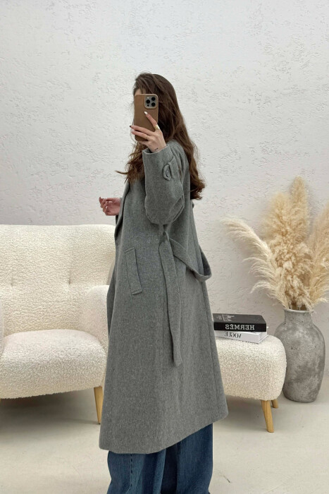 ONE COLOR BELT DETAIL LONG WOMEN TRENCH COAT GREY/GRI - 2