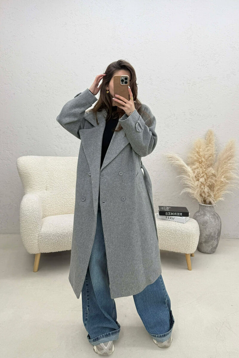 ONE COLOR BELT DETAIL LONG WOMEN TRENCH COAT GREY/GRI - 3