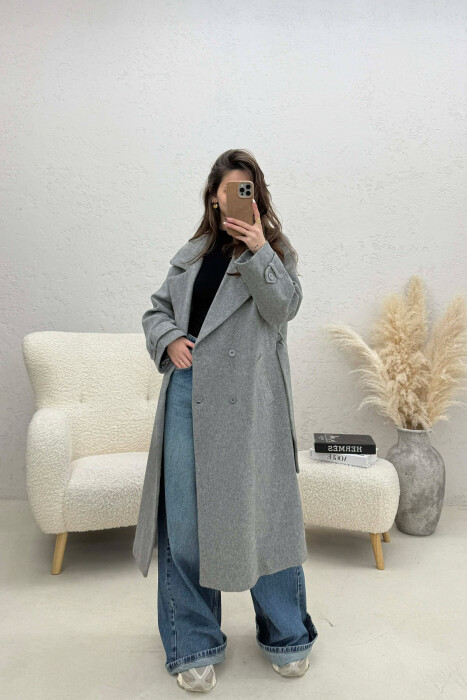 ONE COLOR BELT DETAIL LONG WOMEN TRENCH COAT GREY/GRI - 4