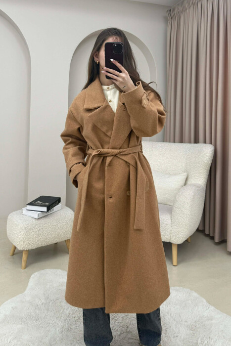 ONE COLOR BELT DETAIL LONG WOMEN TRENCH COAT LIGHT BROWN/KAZB 