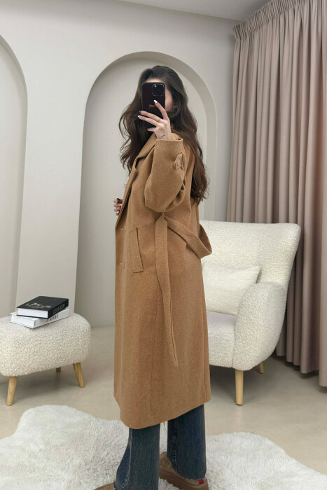 ONE COLOR BELT DETAIL LONG WOMEN TRENCH COAT LIGHT BROWN/KAZB - 3
