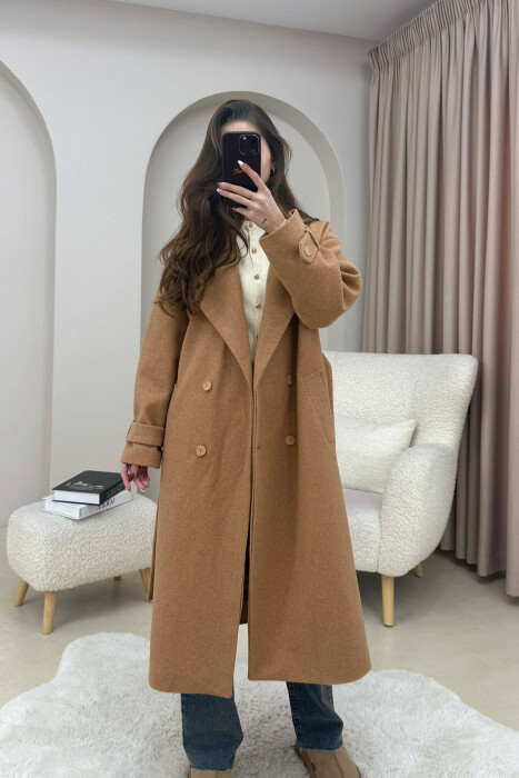 ONE COLOR BELT DETAIL LONG WOMEN TRENCH COAT LIGHT BROWN/KAZB - 4