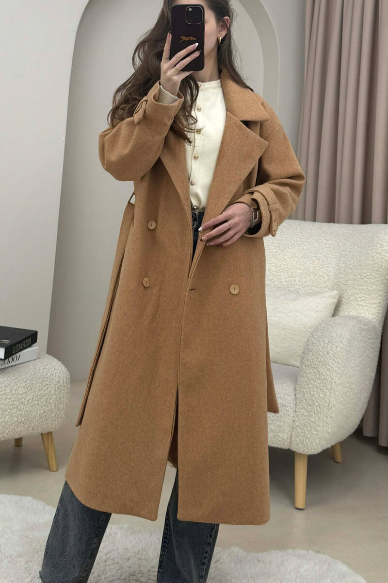 ONE COLOR BELT DETAIL LONG WOMEN TRENCH COAT LIGHT BROWN/KAZB - 5