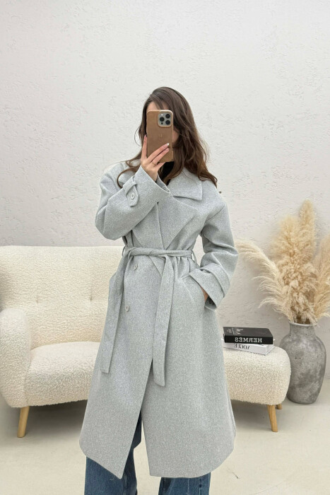ONE COLOR BELT DETAIL LONG WOMEN TRENCH COAT LIGHT GREY/GZ 