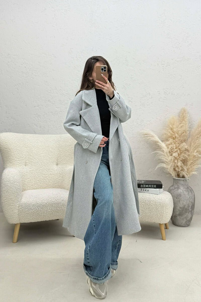 ONE COLOR BELT DETAIL LONG WOMEN TRENCH COAT LIGHT GREY/GZ - 2