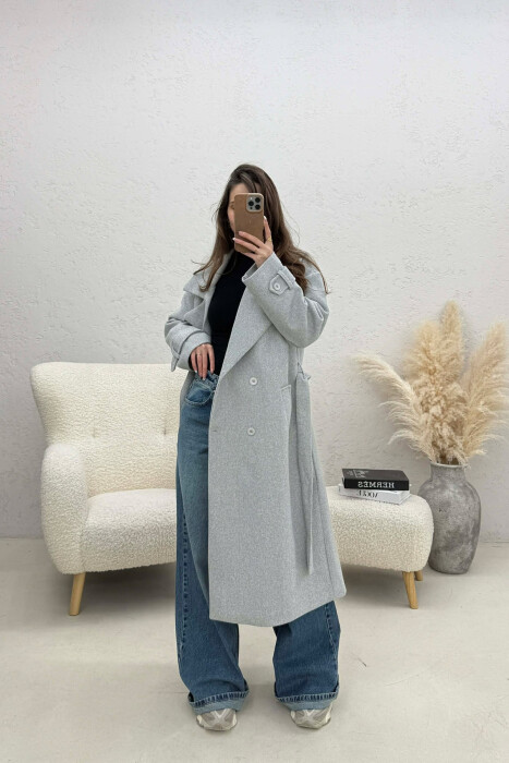 ONE COLOR BELT DETAIL LONG WOMEN TRENCH COAT LIGHT GREY/GZ - 4