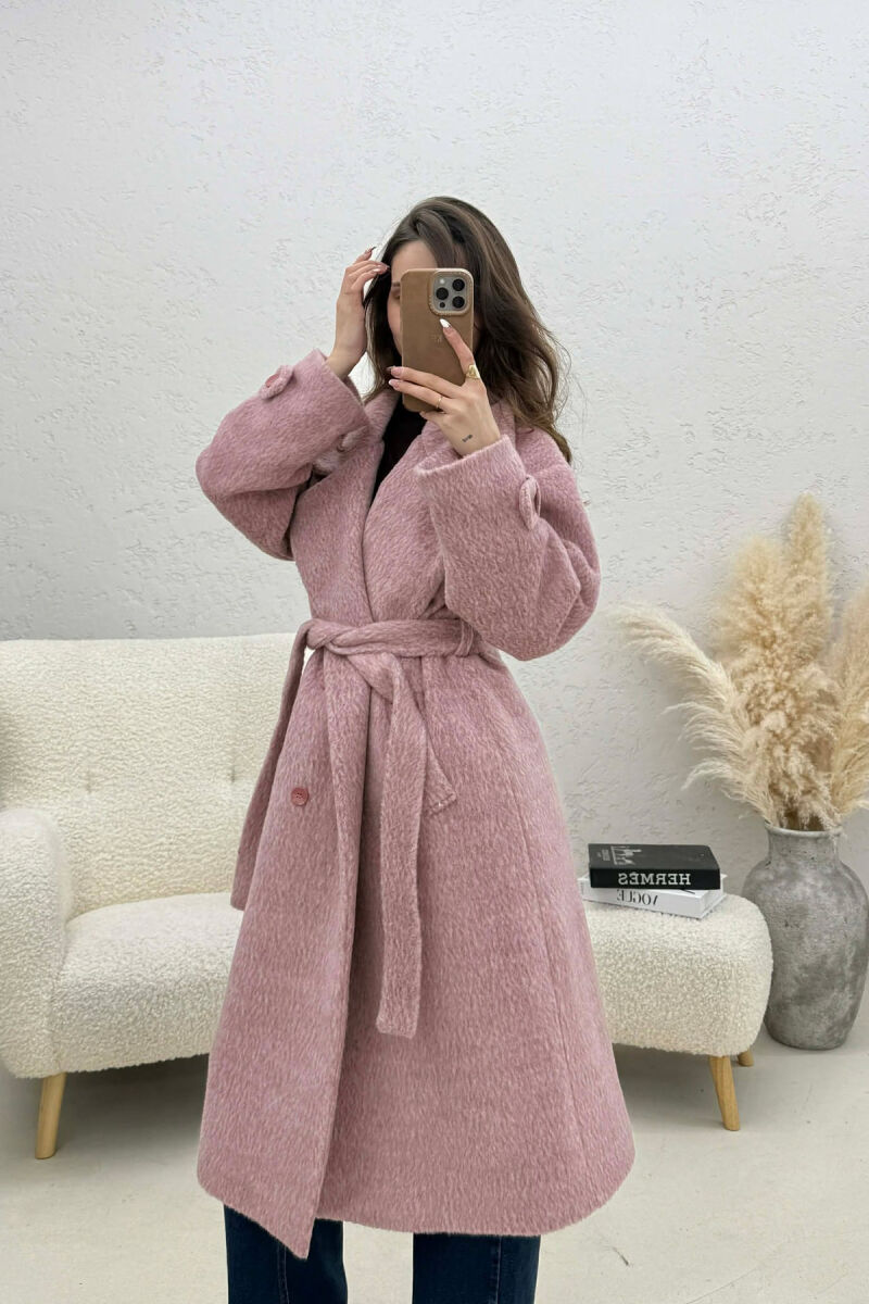 ONE COLOR BELT DETAIL LONG WOMEN TRENCH COAT LIGHT PURPLE/LEZB - 3