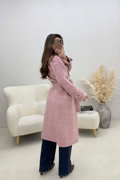 ONE COLOR BELT DETAIL LONG WOMEN TRENCH COAT LIGHT PURPLE/LEZB - 4
