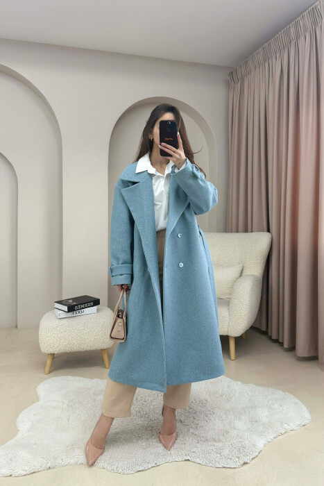 ONE COLOR BELT DETAIL LONG WOMEN TRENCH COAT LIGHTBLUE/BZ - 2