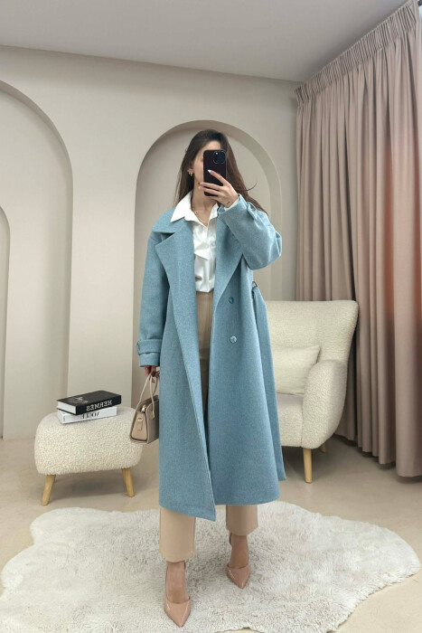 ONE COLOR BELT DETAIL LONG WOMEN TRENCH COAT LIGHTBLUE/BZ - 3