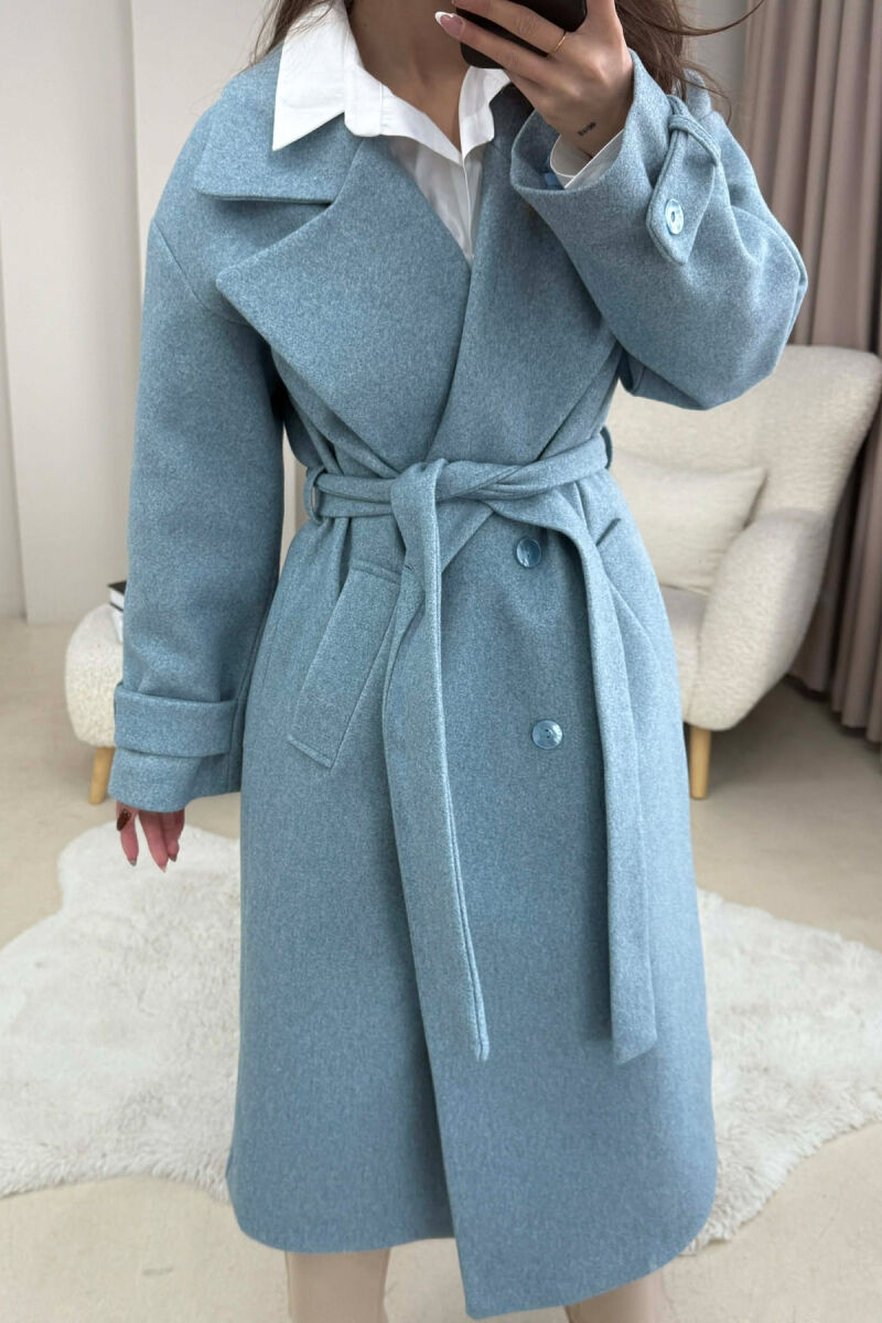 ONE COLOR BELT DETAIL LONG WOMEN TRENCH COAT LIGHTBLUE/BZ - 1