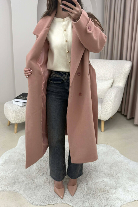 ONE COLOR BELT DETAIL LONG WOMEN TRENCH COAT POWDER/PUDER 
