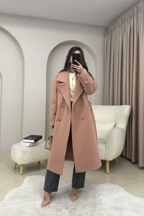 ONE COLOR BELT DETAIL LONG WOMEN TRENCH COAT POWDER/PUDER - 2