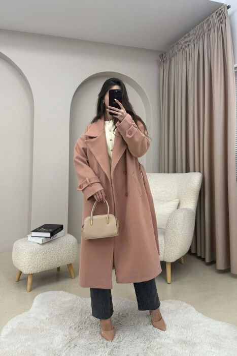 ONE COLOR BELT DETAIL LONG WOMEN TRENCH COAT POWDER/PUDER - 3