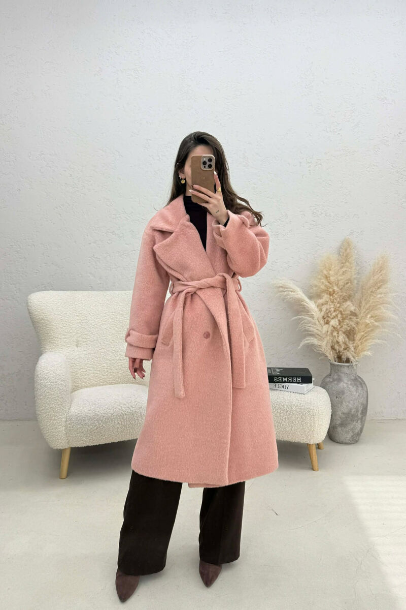ONE COLOR BELT DETAIL LONG WOMEN TRENCH COAT SALMON/SALMON - 1