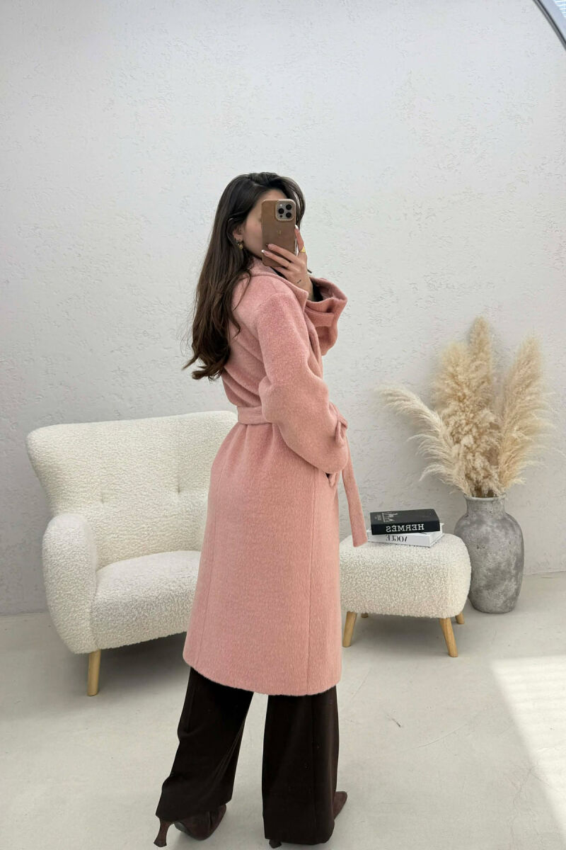 ONE COLOR BELT DETAIL LONG WOMEN TRENCH COAT SALMON/SALMON - 2